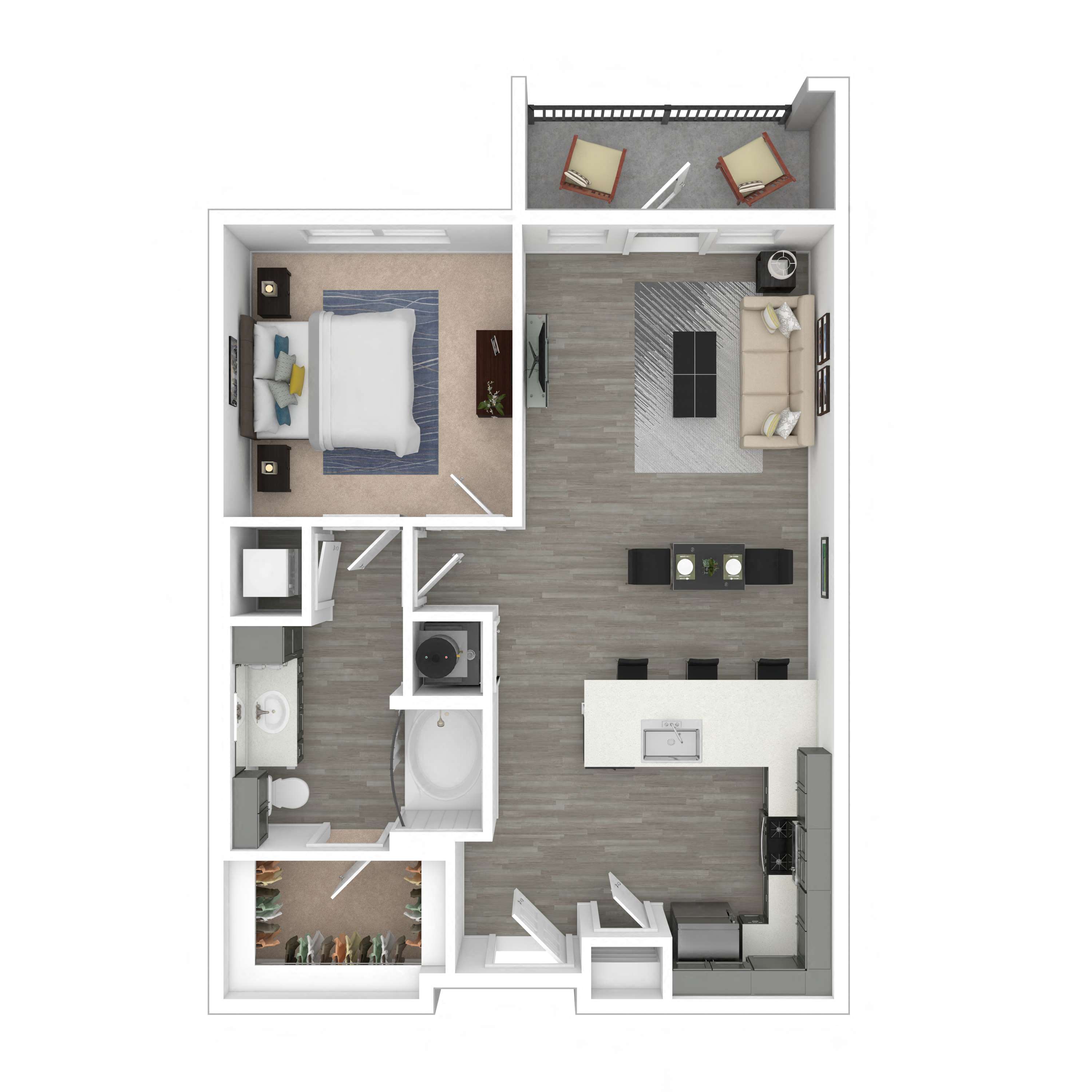 Floor plan for 1 bed, 1 bath, 771 sqft